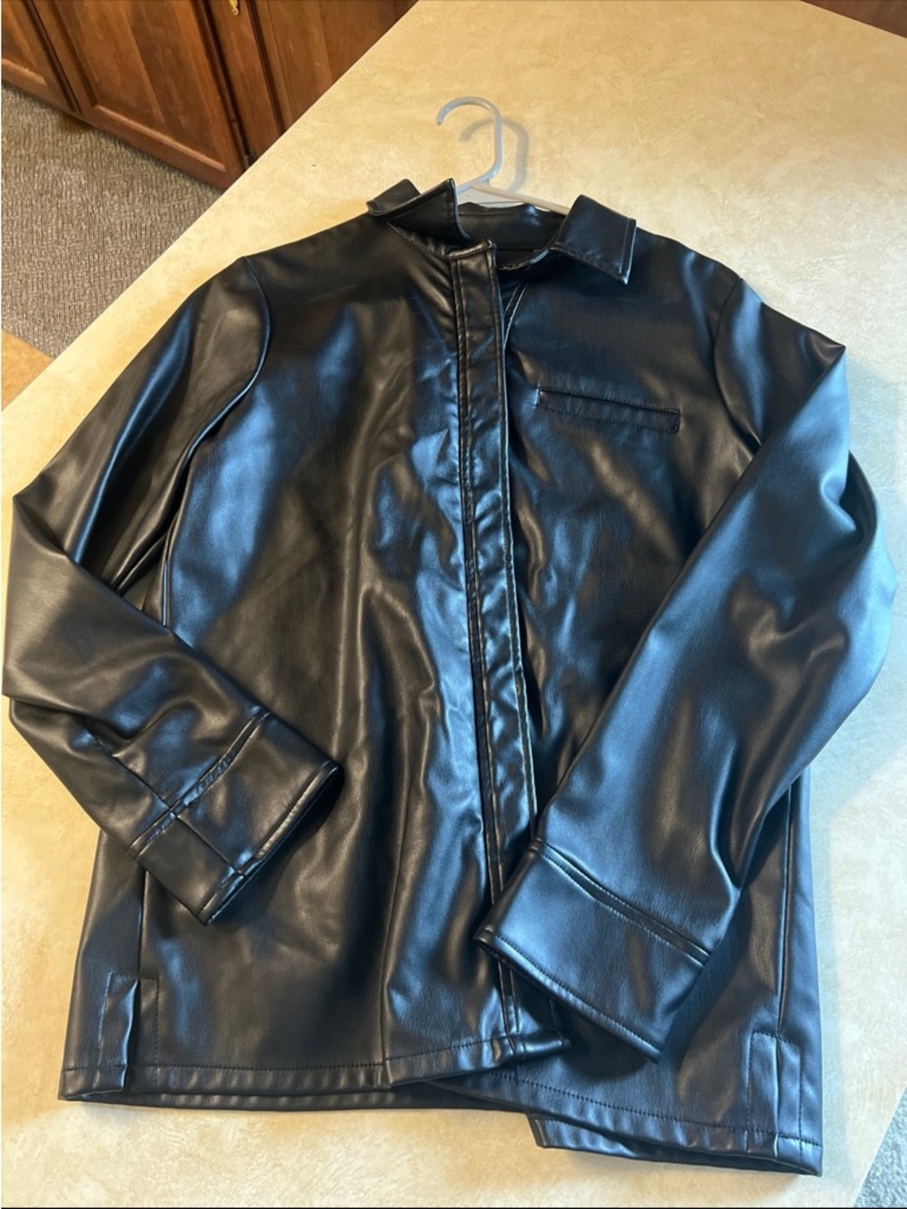 Women Black Faux Leather Jacket - Classic Collared Coat